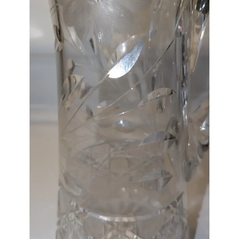 Antique American Brilliant Period Cut Water Pitcher Etched Daisy Diamond 11.5